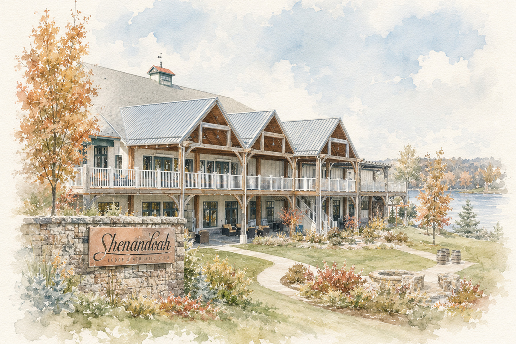 Watercolor illustration of Shenandoah Lodge at Lake Frederick